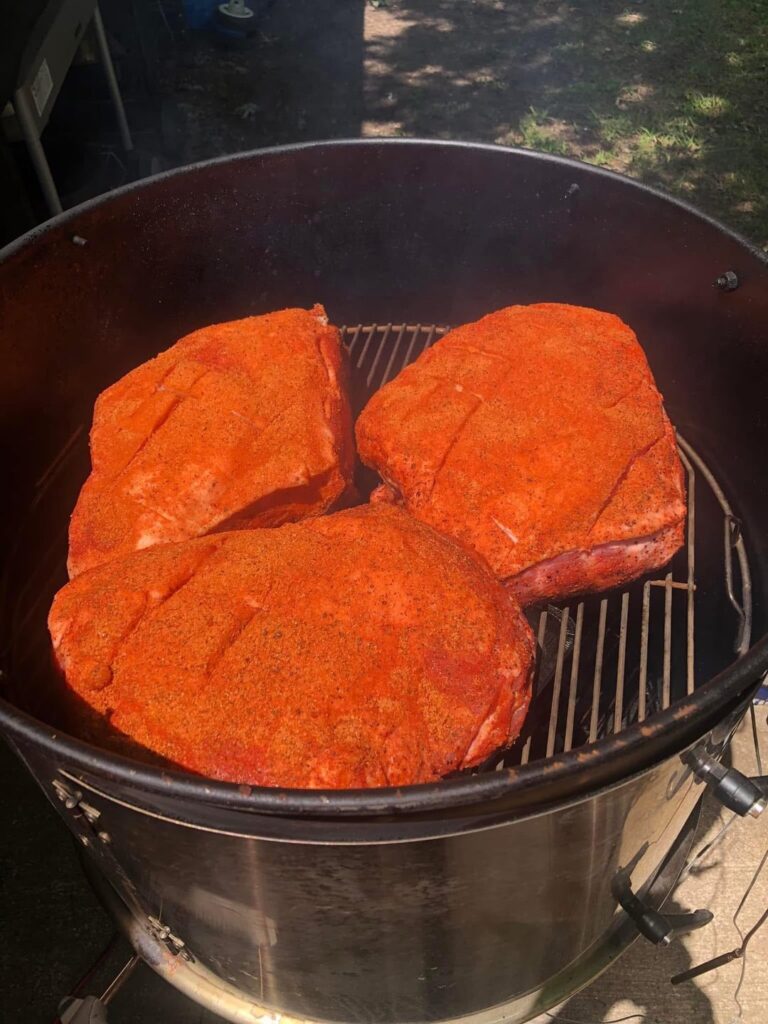 How do you fit 6 pork roasts on a 22” kettle? With the help of the Onlyfire smoker attachment, basically turns it into a 22” WSM. Run a Spider Venom temp controller, stays steady through out the entire cook.