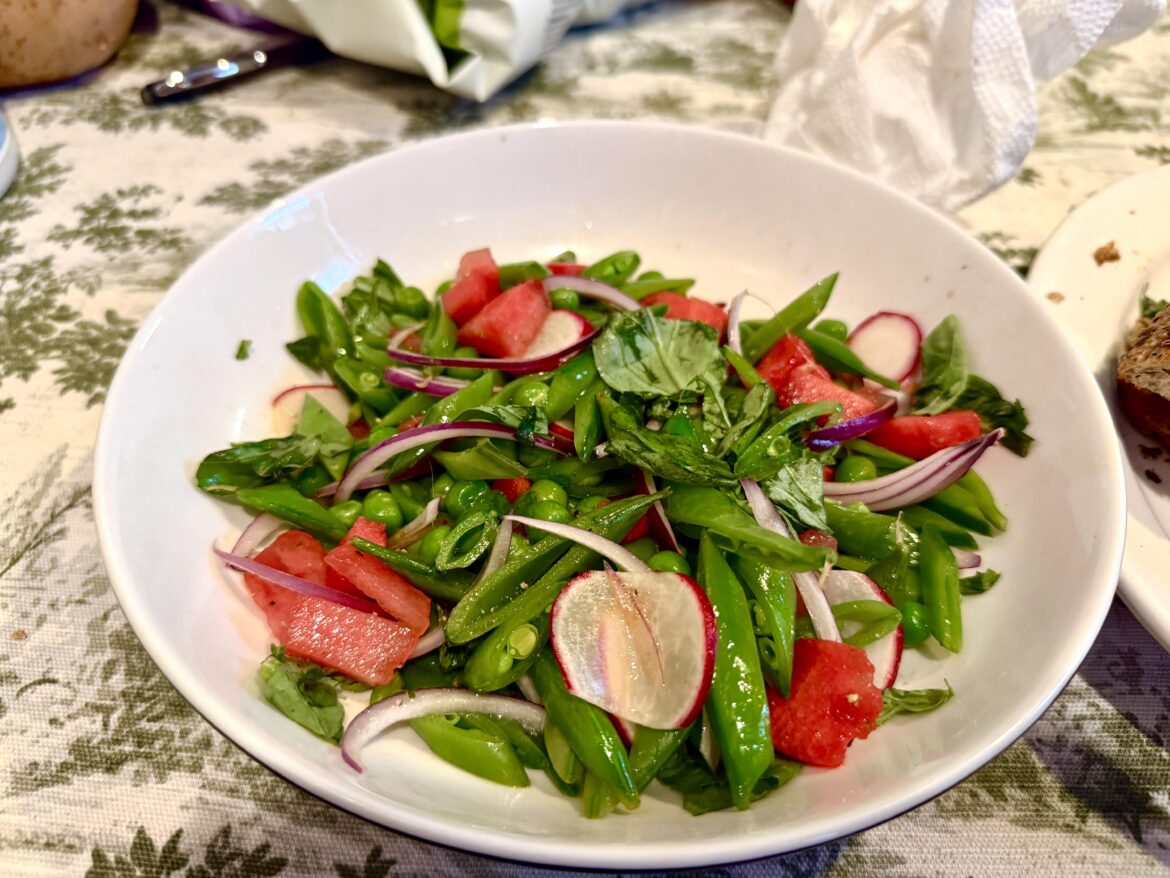 Spring Salad - Sugar Peas, Radish, Red Onion, Watermelon, Basil, Lemon, Olive Oil