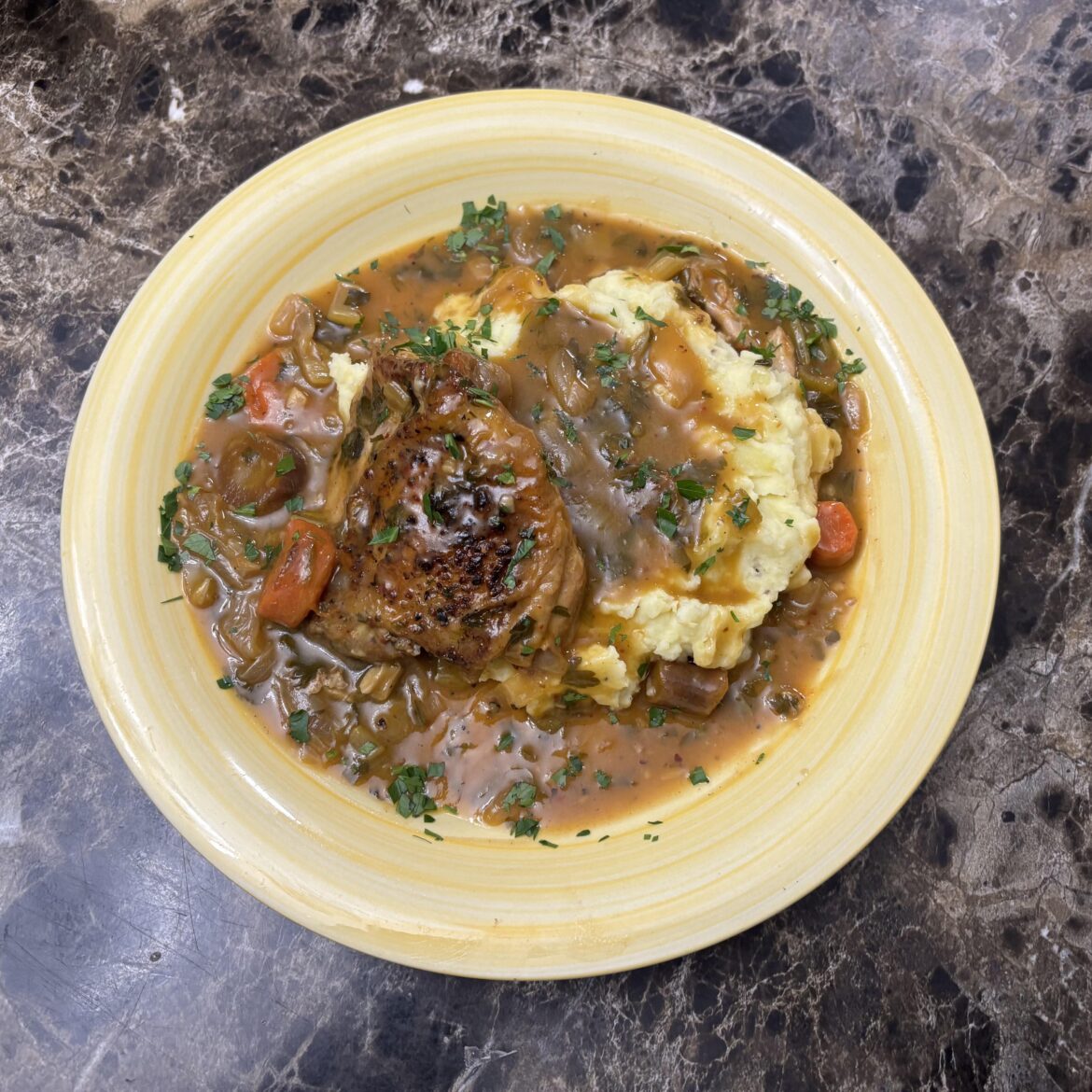 Mediterranean chicken thighs with Yukon Gold mash