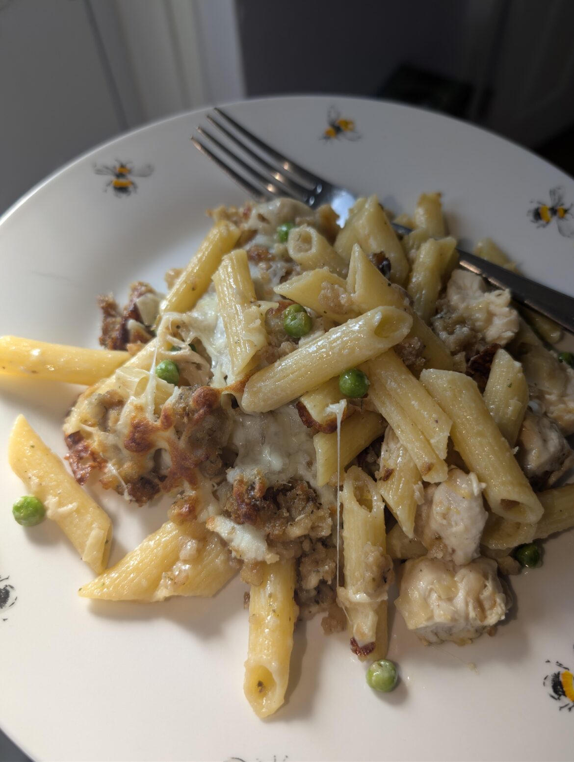 Lemon and garlic pasta bake with a stuffing and cheese topping.
