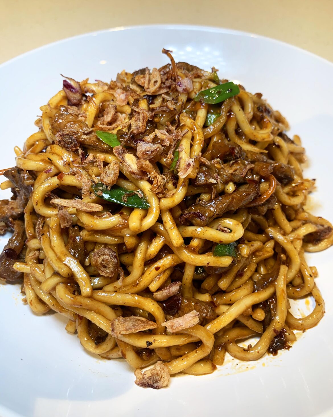 Spicy Chili Soy Beef Noodles with Sweet Caramelised Onions & Crispy Fried Shallots