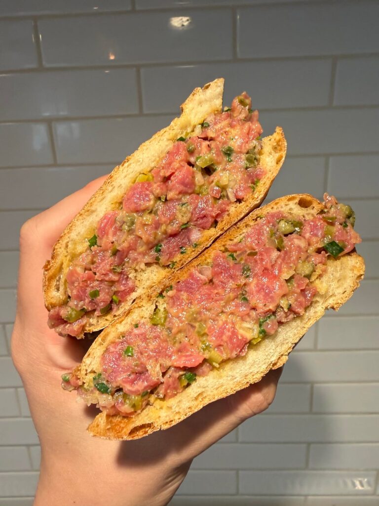 homemade steak tartare sandwich