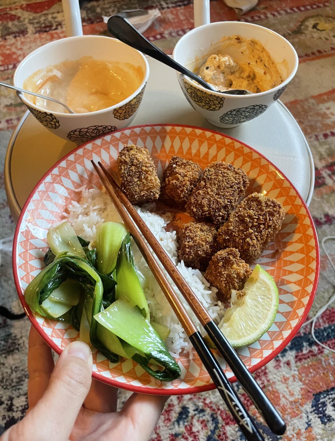 These tofu nuggets took five days to prepare but it was worth it. Served with Cholula mayo and Sichuan chili oil mayo