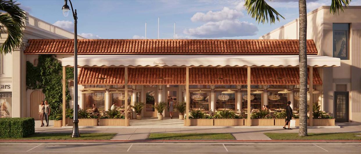 A rendering depicts the streetside facade of the planned Élephante at 207 Royal Poinciana Way in Palm Beach.