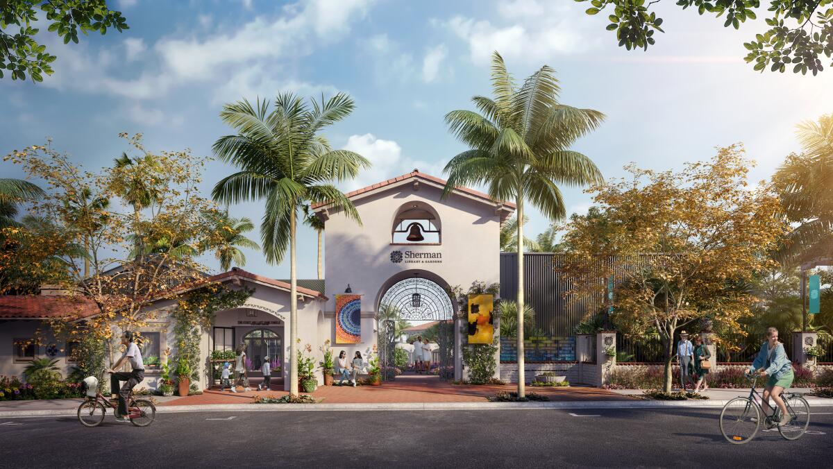 An artist's rendering of the 'bell tower' entrance that will be the front door of the Sherman Library & Gardens.