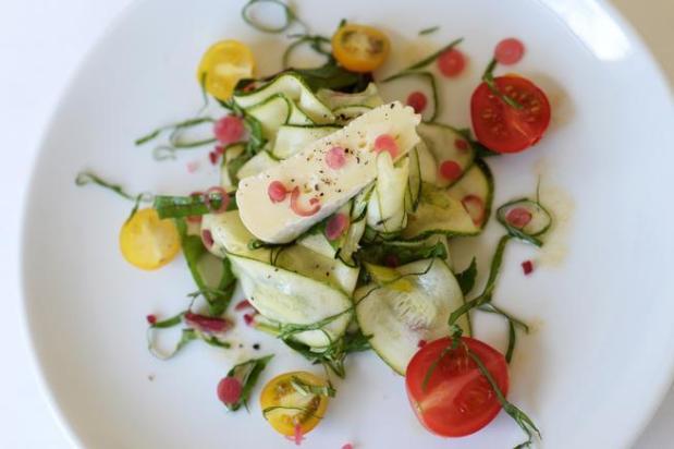 The courgettes salad at Bistro Barbès combines shaved zucchini and Cravanzina cheese with sherry-shallot vinaigrette.<!--IPTC: DENVER, CO - JUNE 25: Courgettes Salad - Sherry-Shallot Vinaigrette, Cravanzina cheese, Fresh Basil. BISTRO BARBéS in Park Hill. Denver, Colorado. June 25. 2014. (Photo by Hyoung Chang/The Denver Post)-->