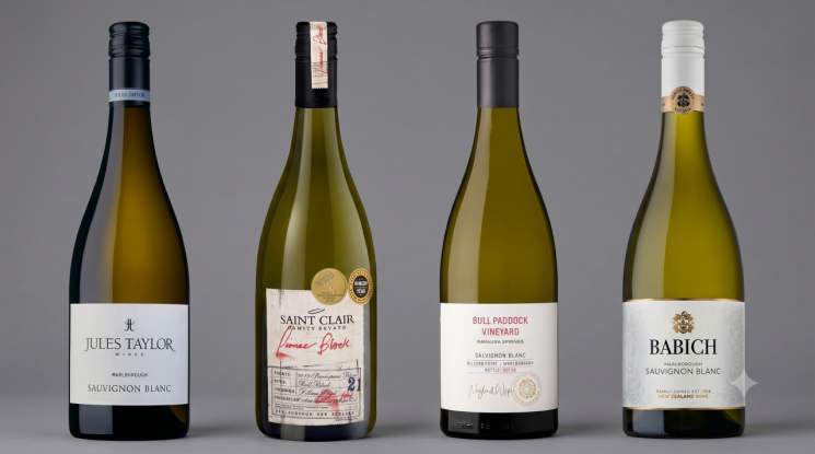Sauvignon Blanc from Jules Taylor Marlborough, Sauvignon Blanc from Saint Clair Pioneer Block, Sauvignon Blanc from Rapaura Springs Bull Paddock Vineyard, Sauvignon Blanc from Babich Marlborough. (from left)