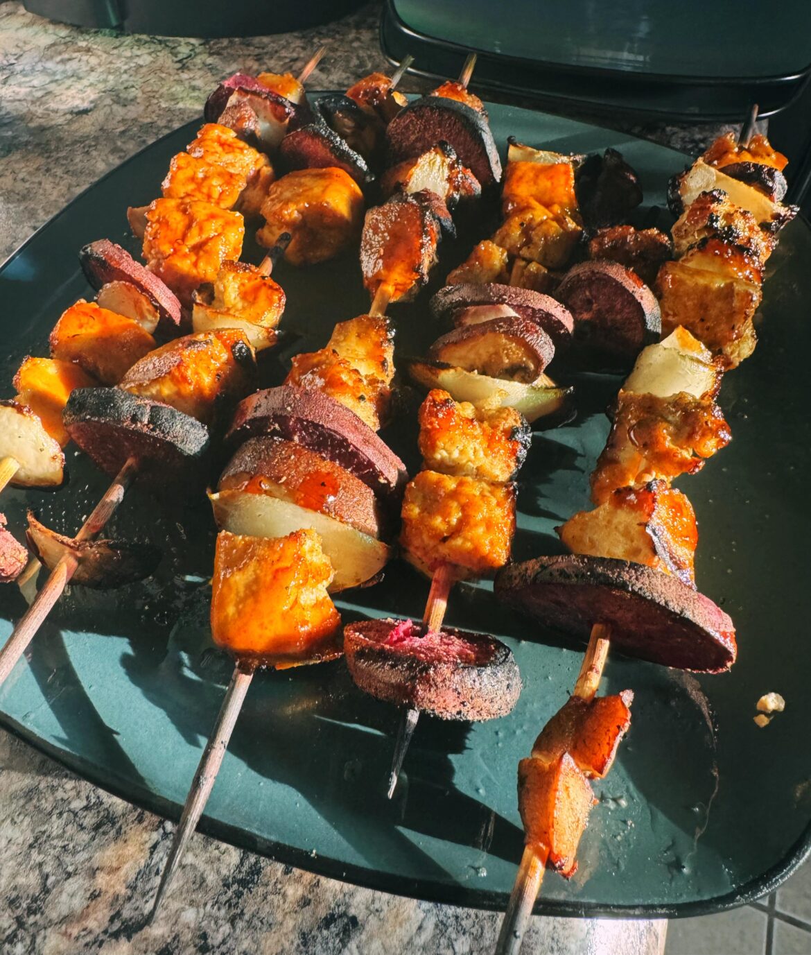 Tofu, Purple Sweet Potato, Mushroom & Onion BBQ Skewers