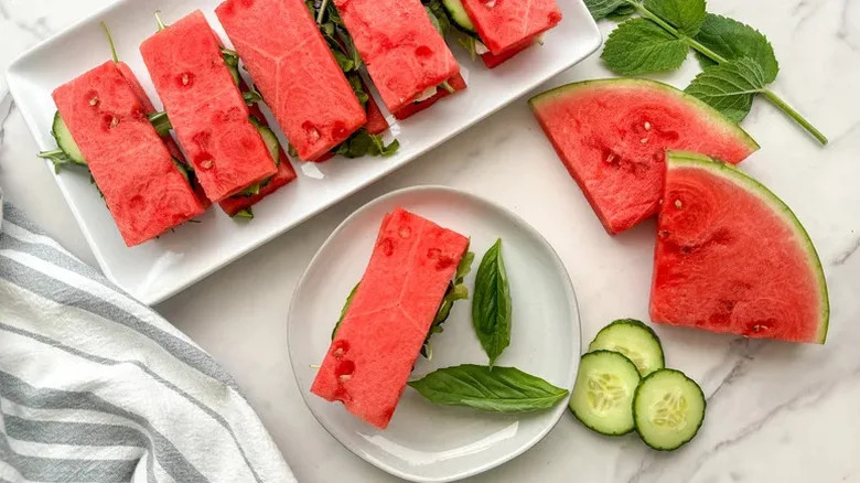 Watermelon and Feta Tea Sandwiches on white plates