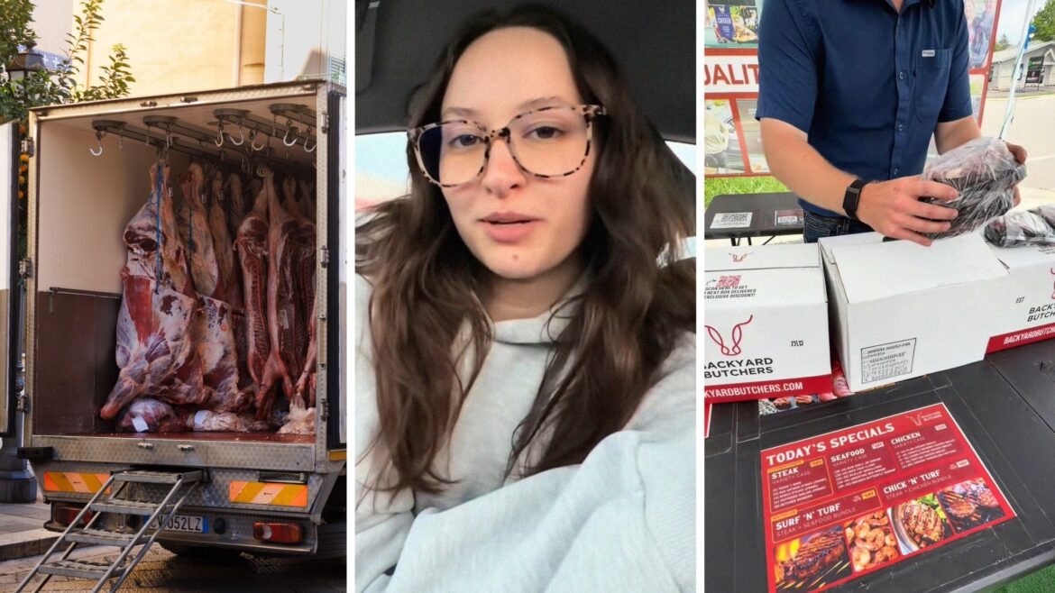Steak Off A Truck: Are They Any Good? meat truck (l) couple shares large meat purchase (c) man packing up meat package (r)