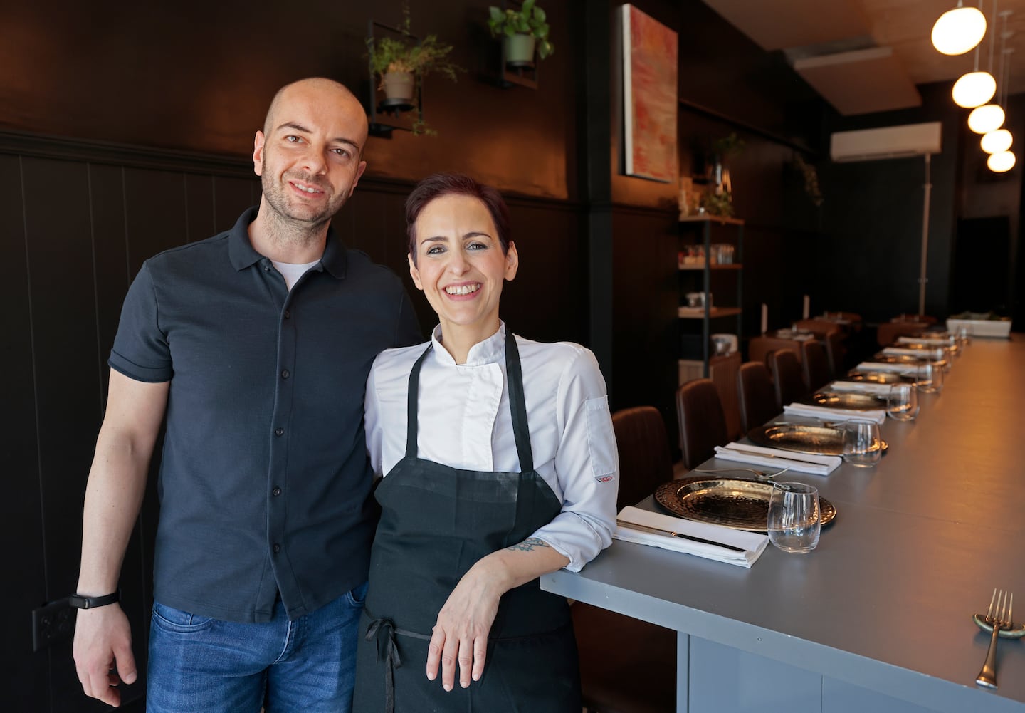 Chef Simona Sbano, right, with her husband, Stefano Feffin, at Olivia’s Kitchen in Somerville.