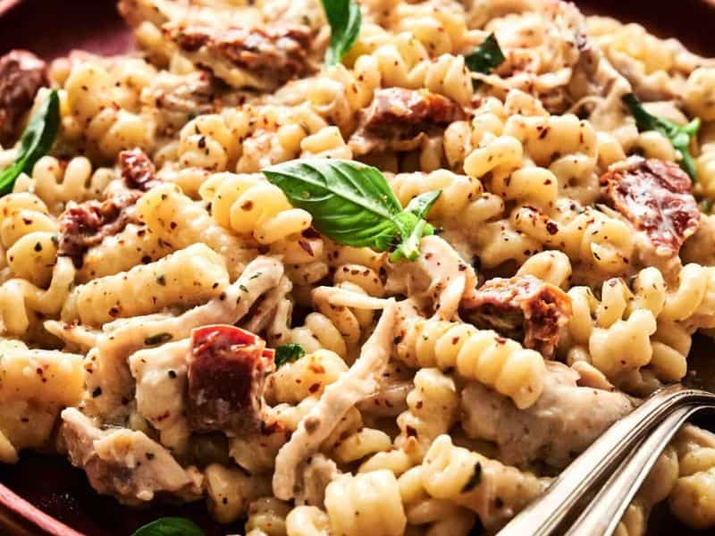 A plate of creamy rotini pasta with shredded chicken, sun-dried tomatoes, herbs, and a spoon placed at the side.