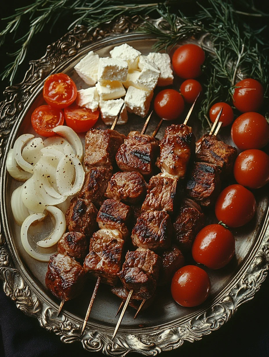 A platter of food showcasing roasted meat kebabs with baby tomatoes and feta cheese on the side.