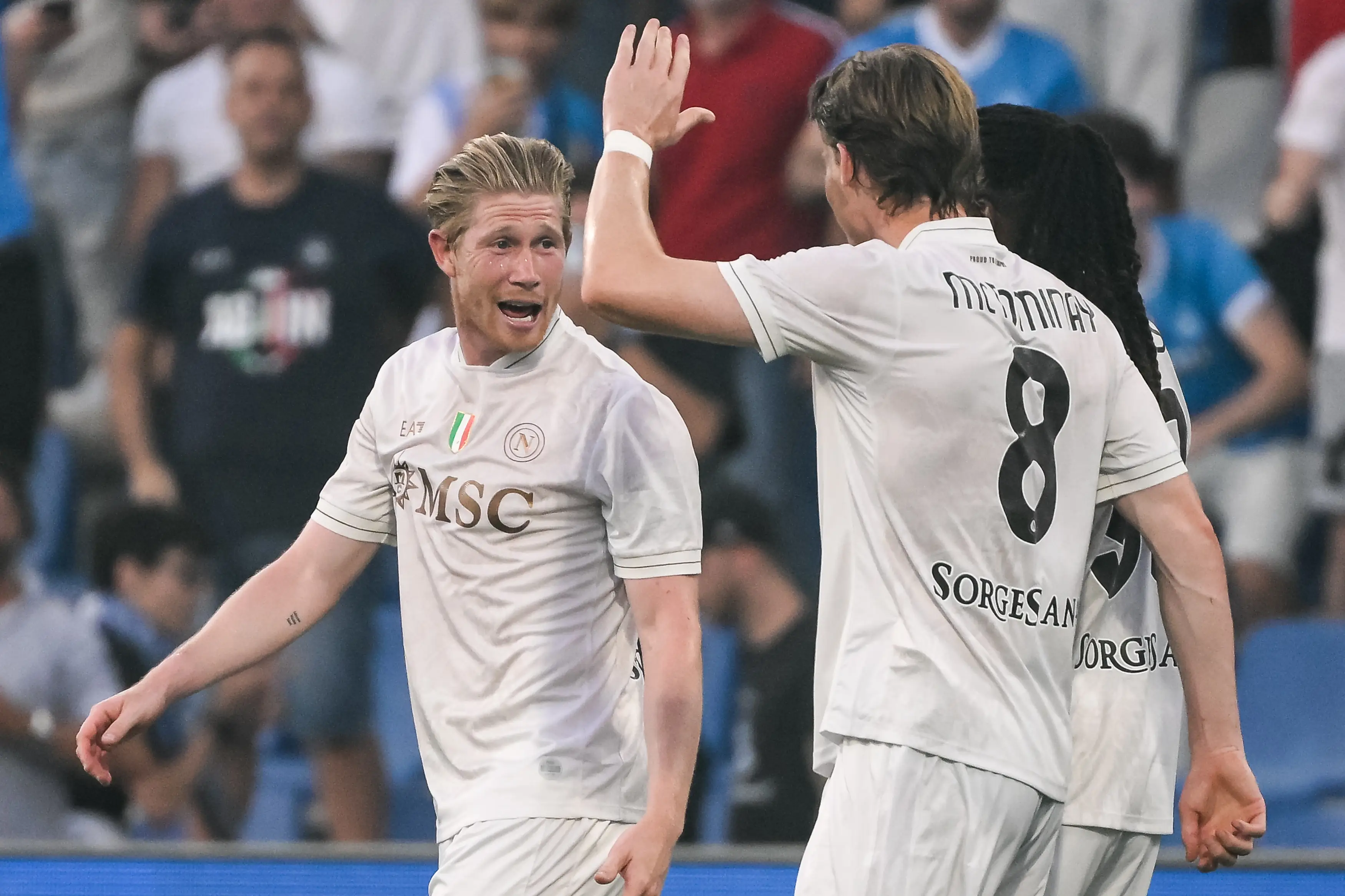 Kevin de Bruyne and Scott McTominay celebrate. Image:  Mondadori Portfolio / Contributor via Getty