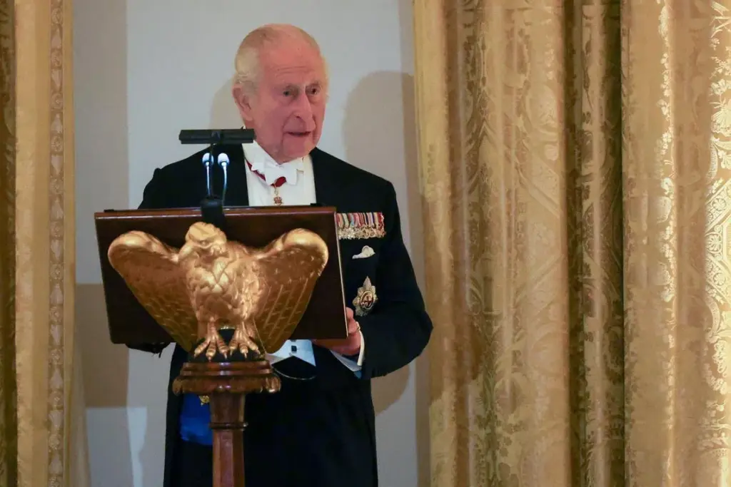 ‘You’d be speaking French’: King Charles roasts Trump at state dinner Britain's King Charles speaks during a state dinner for him and Queen Camilla at the White House in Washington, D.C., on April 28.