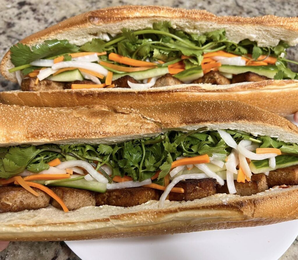 Two very loooong lemongrass tofu banh mi