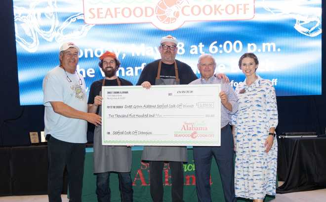 . the hound's winning dish was ember-roasted cobia with gulf shrimp, chilton county peach chow chow and cornbread crumble.