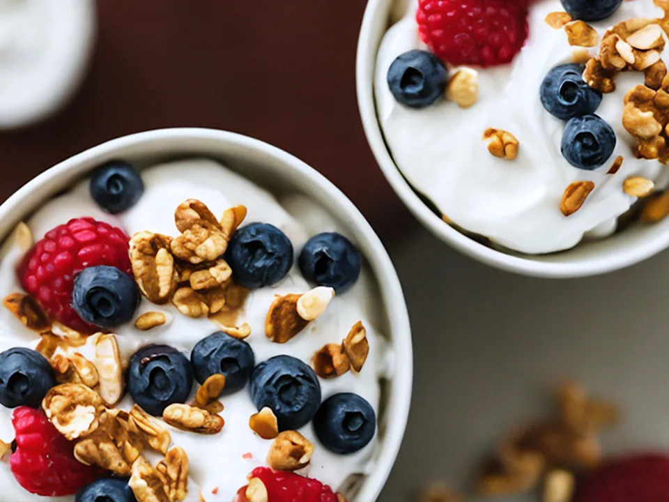 Yogurt with berries and nuts.