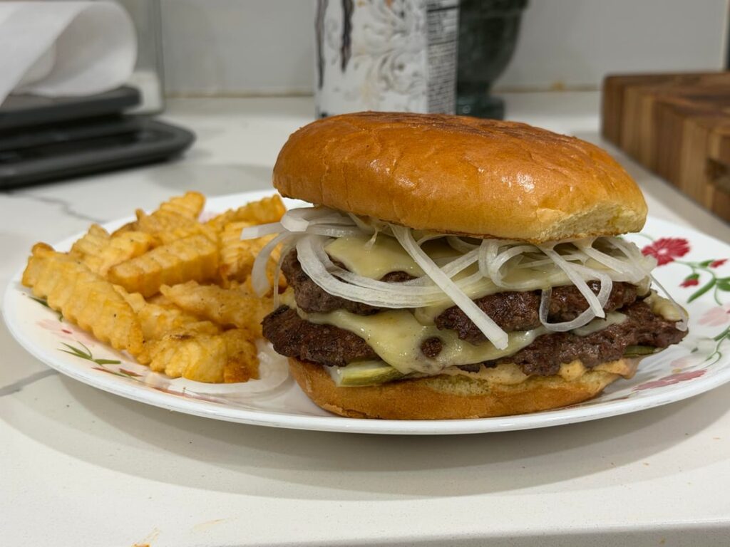 onions, swiss and mac sauce