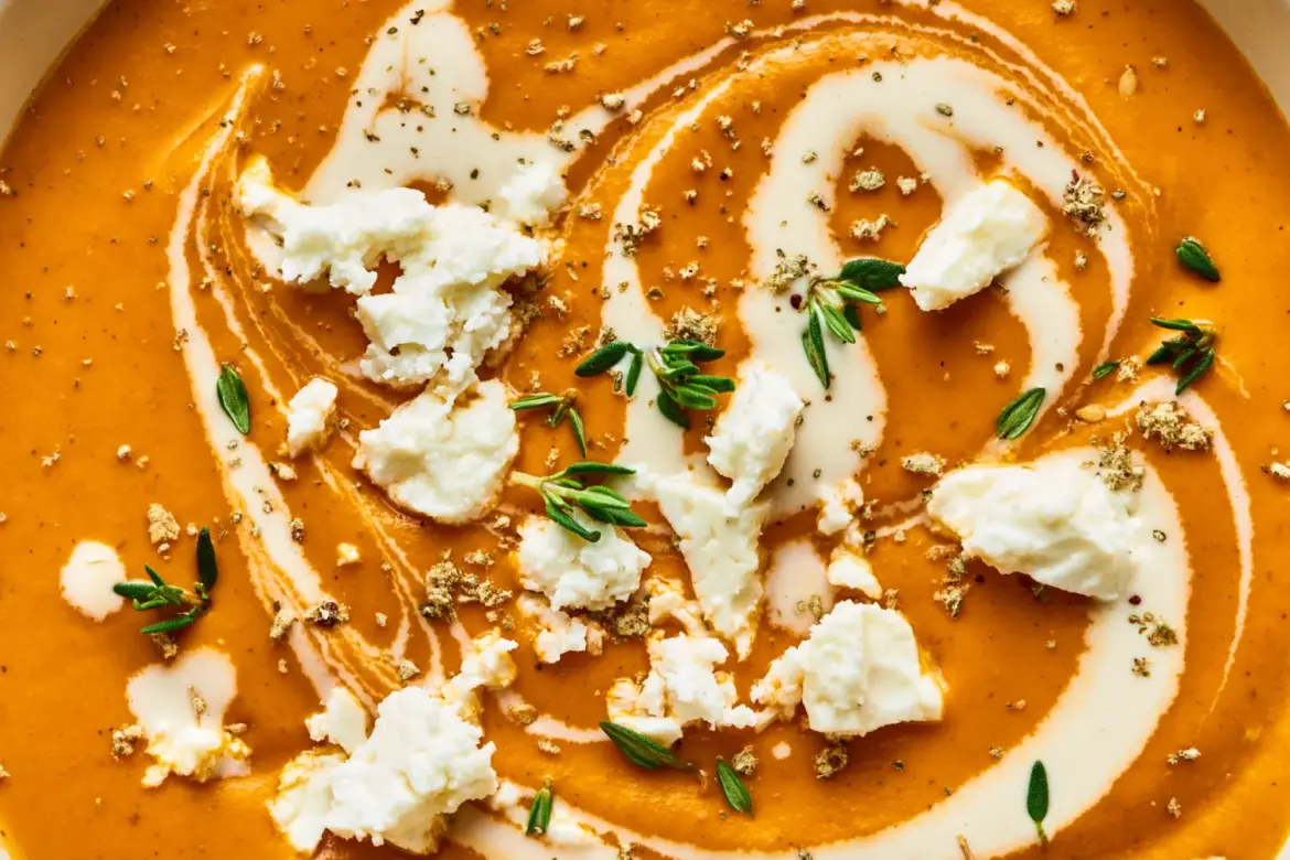 Creamy Roasted Red Pepper Soup with Tahini and Feta Creamy Roasted Red Pepper Soup with Tahini and Feta
