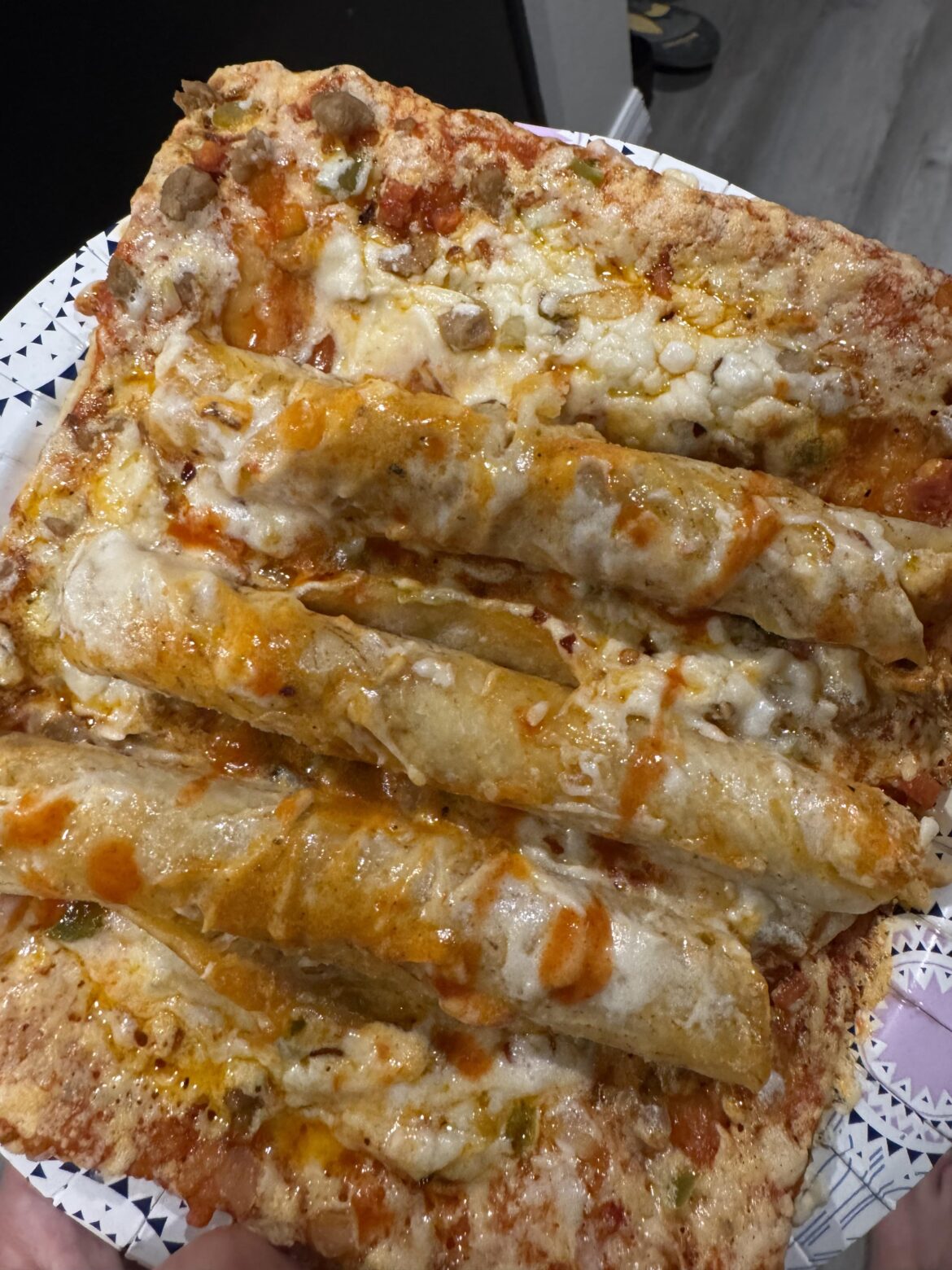 Scrolling through pics I found this I ate in February. Totinos pizza with José Olé chicken and cheese taquitos. Finished with Crystal hot sauce and folded.
