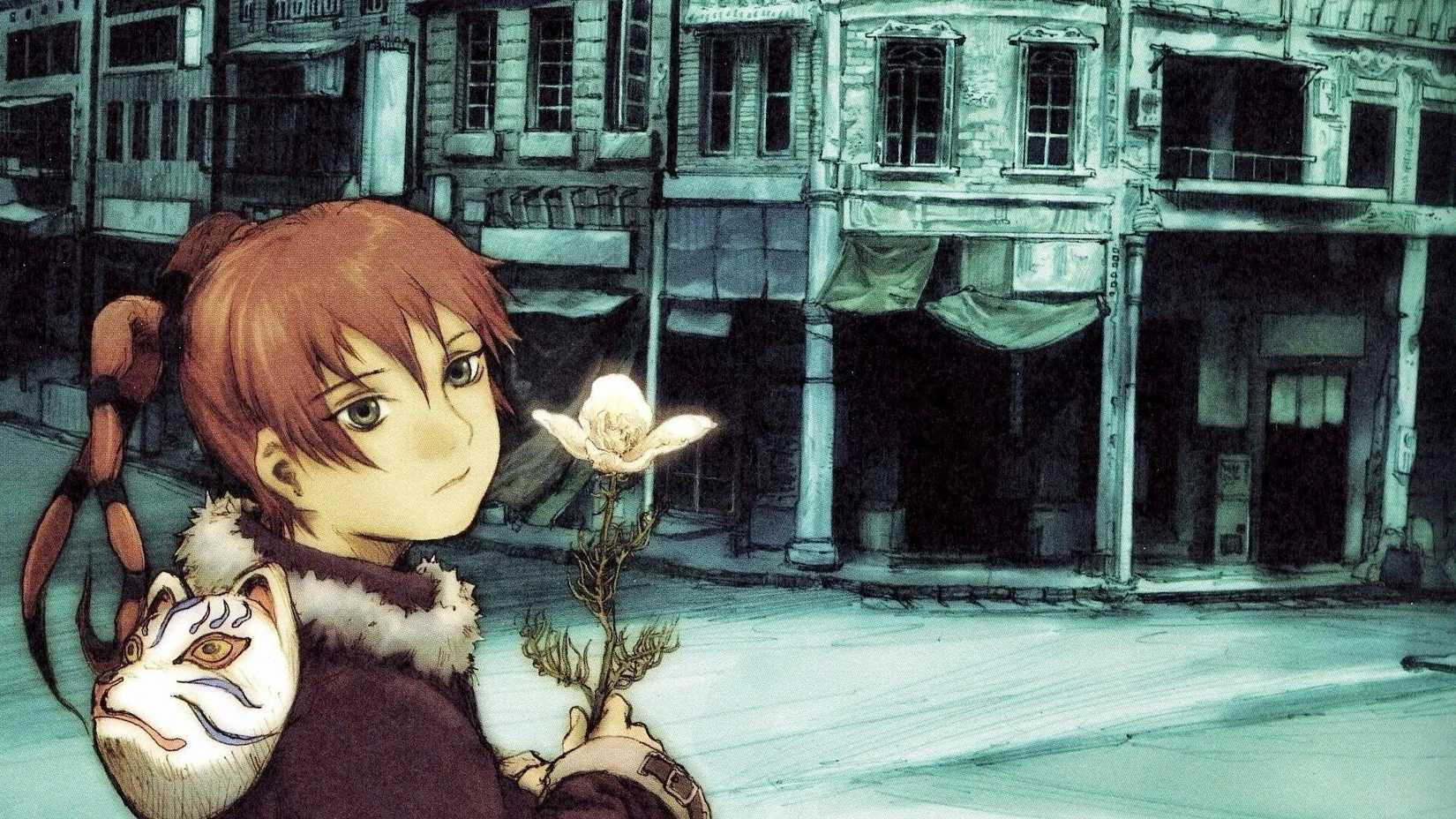 A young girl holds a flower on a desolate street in "Texhnolyze"