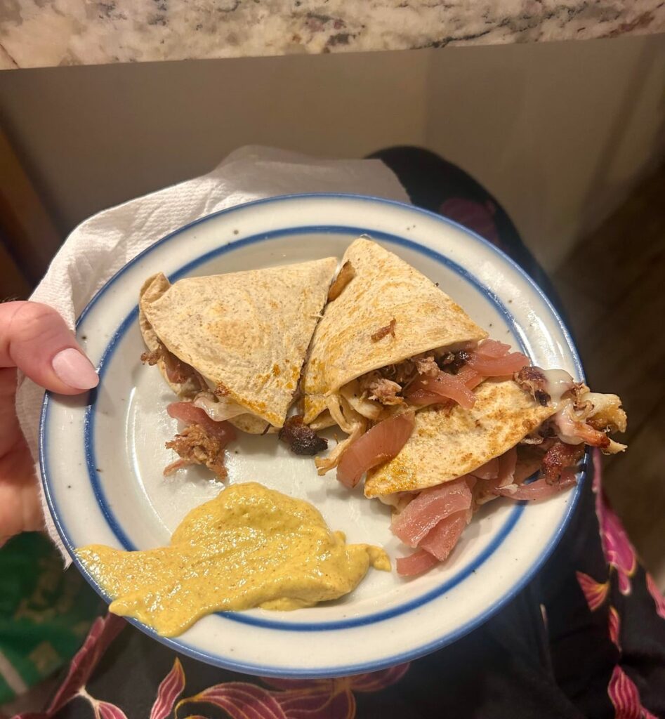 So good I ate it 3 times yesterday! Swiss & Gruyère quesadilla w/ pulled pork & pickled red onions, garlic aioli mustard sauce on the side.