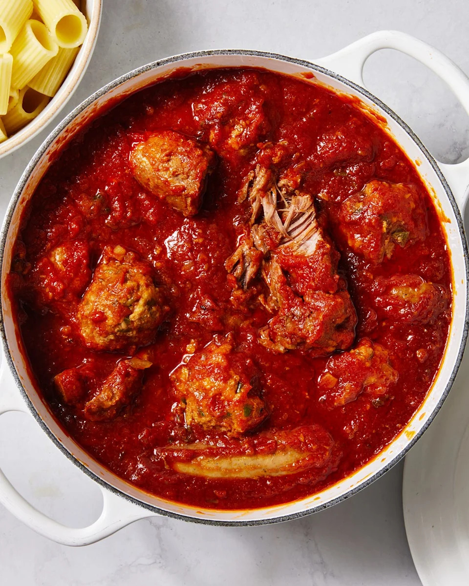 sunday sauce with meatballs pork sausage and pork ribs