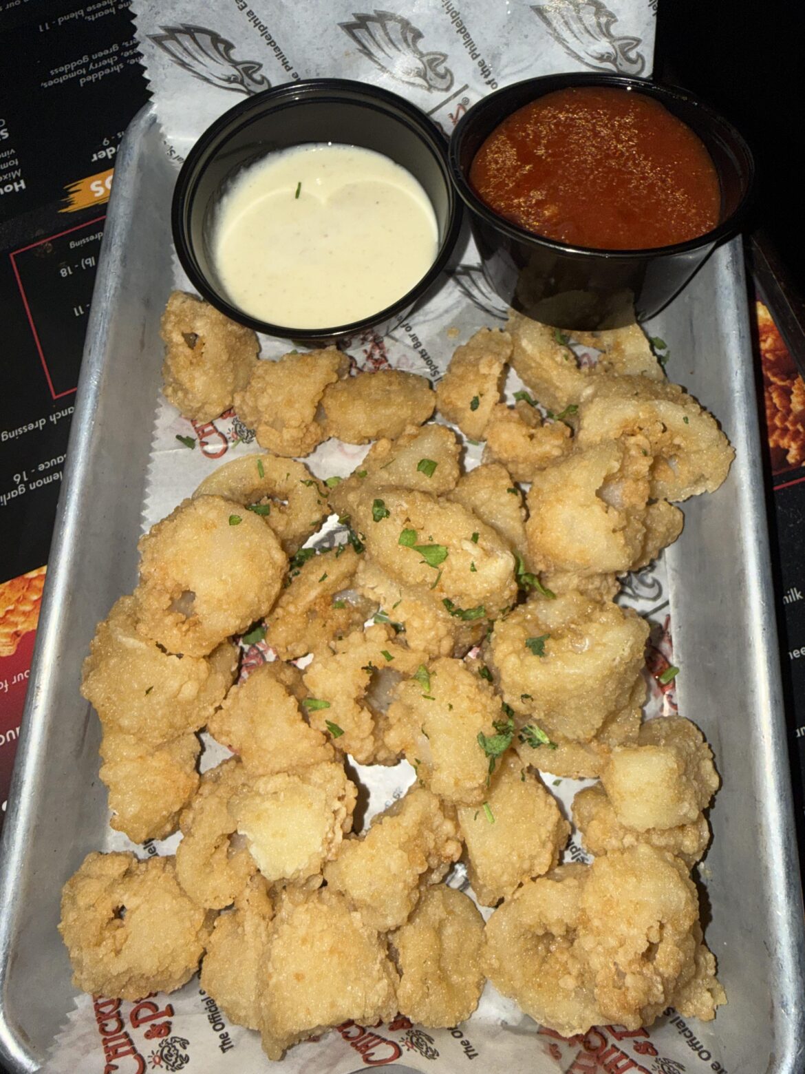 I’m not much of a fan of the restaurant Chicki and Pete’s, but they’re calamari is incredible. It’s was very fresh and fried perfectly.