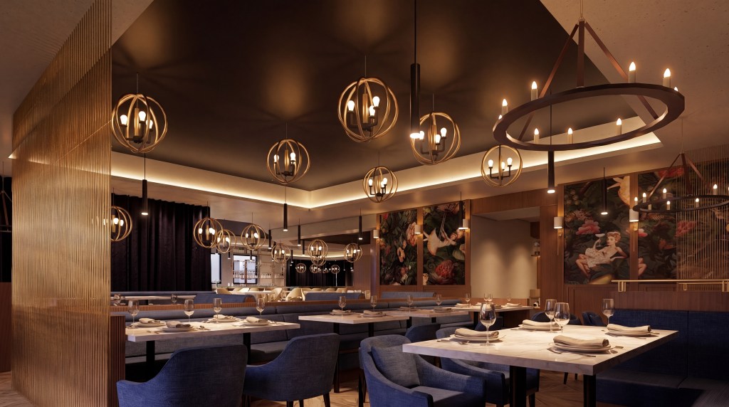 Rendering for Eddie and Vinny’s in PGA Commons feature rooms for wine events. (Photo: Courtesy P Hospitality Management)