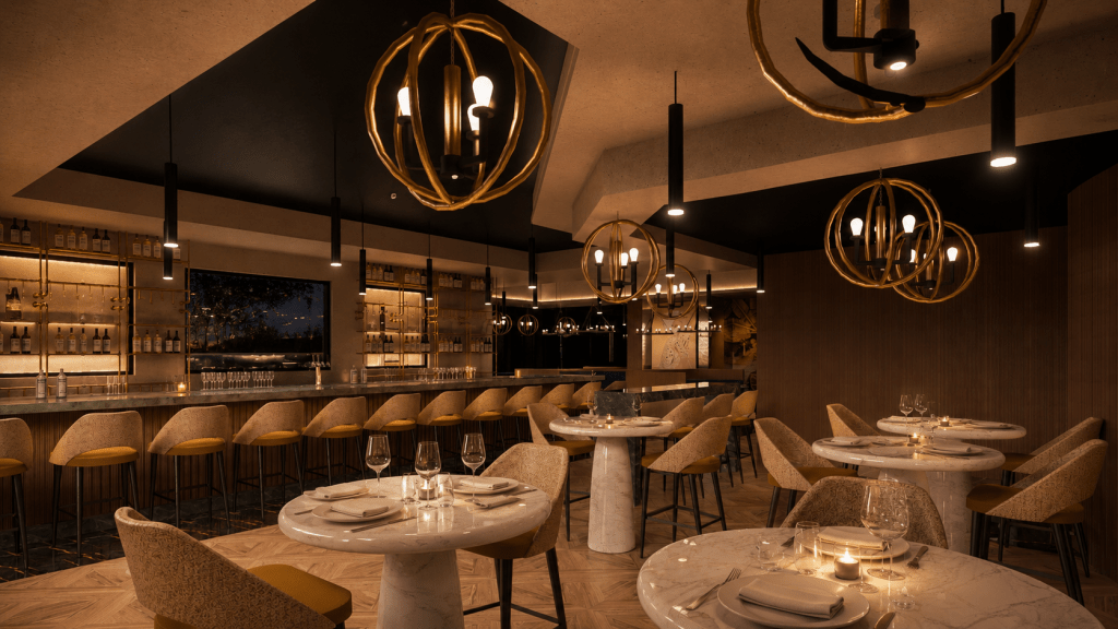 Rendering for the new Eddie and Vinny’s show the bar area with modern high-tops throughout. (Photo: Courtesy P Hospitality Management)