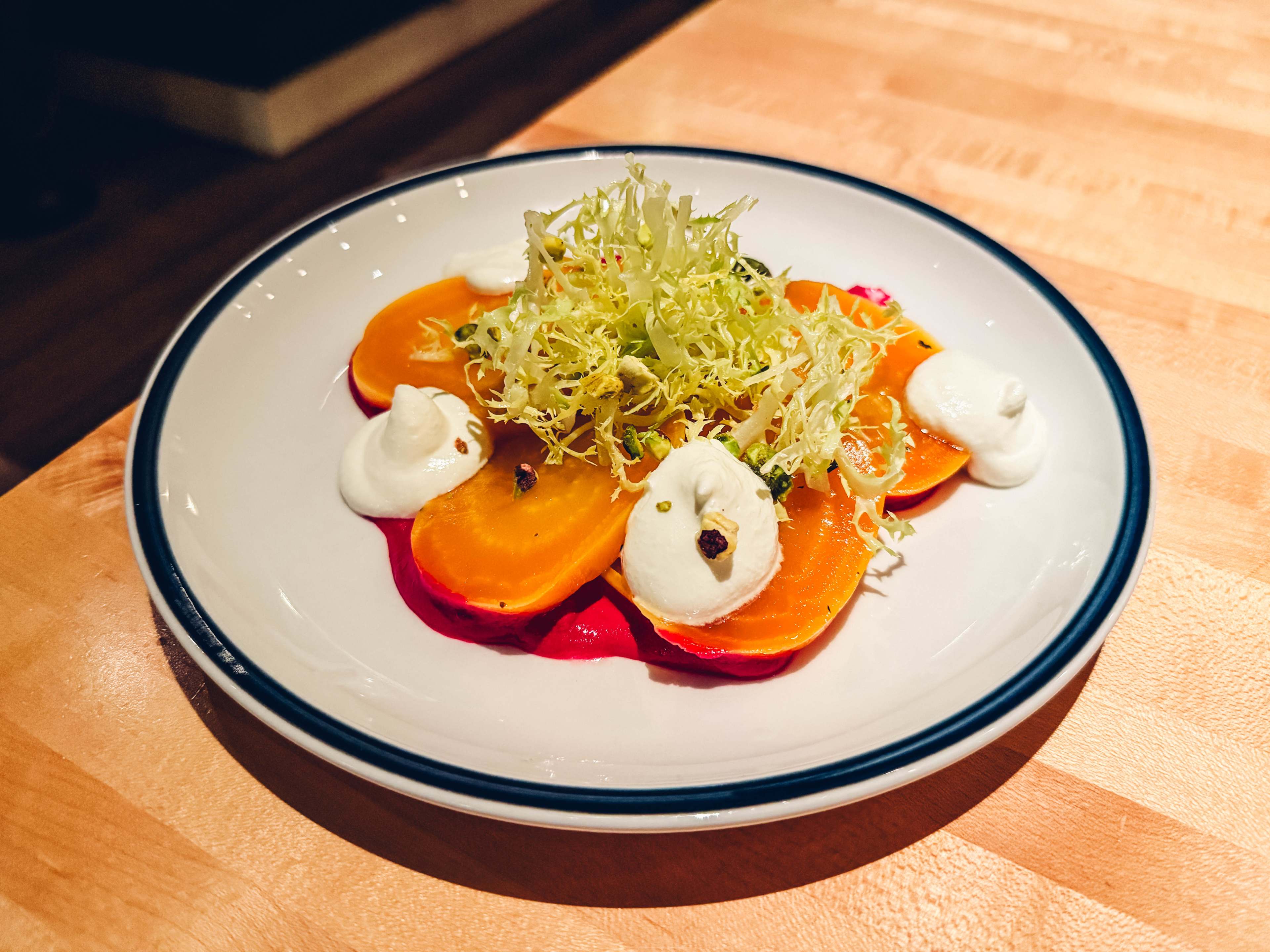 yellow beets with red beet puree and labneh.