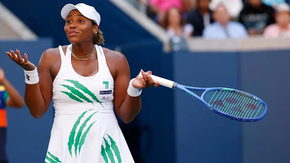 Aug 31, 2025; Flushing, NY, USA; Taylor Townsend (USA) reacts after missing a shot against Barbora Krejcikova (CZE) (not pictured) on day eight of the 2025 US Open tennis championships at Billie Jean King National Tennis Center. Mandatory Credit: Geoff Burke-Imagn Images