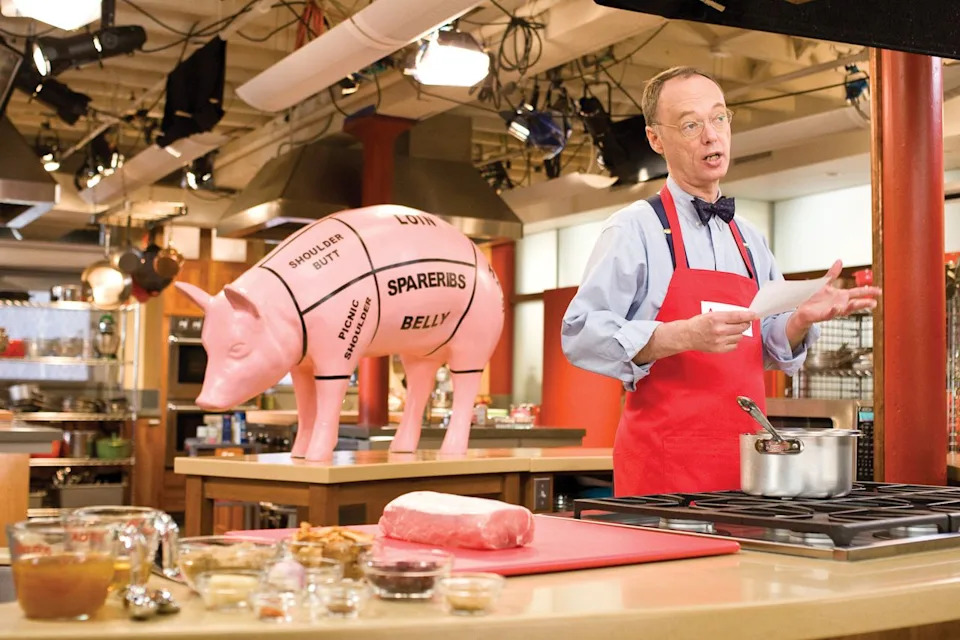 Christopher Kimball in season 9 of 'America's Test Kitchen.' (The pig is unnamed)Credit: Daniel J. van Ackere/PBS