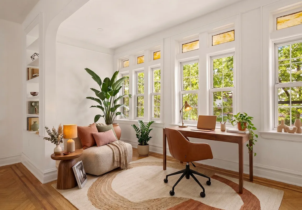 Bay Ridge Two-Bedroom With Sunroom Asks $3.3K bay ridge - virtually staged living room with arched niche set up as an office
