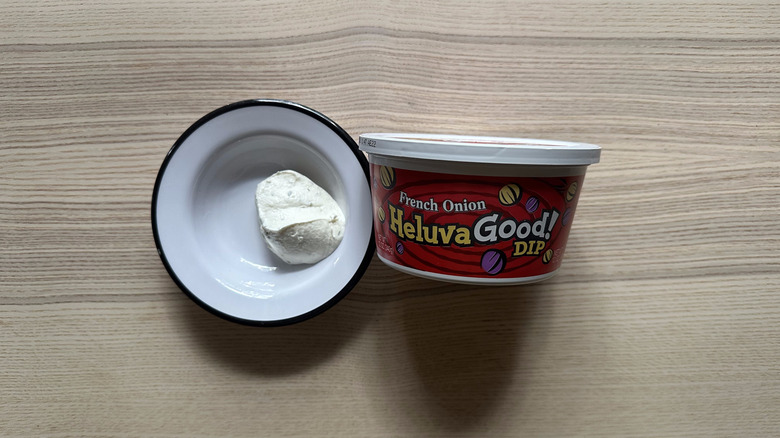 HeluvaGood French Onion Dip on wooden table