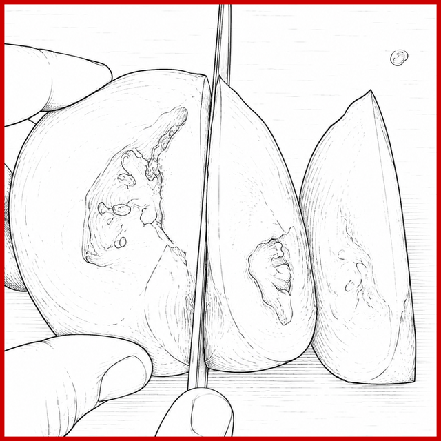Slicing a whole fruit into two pieces with a knife, revealing the interior texture and seeds. Slicing a whole fruit into two pieces with a knife, revealing the interior texture and seeds.