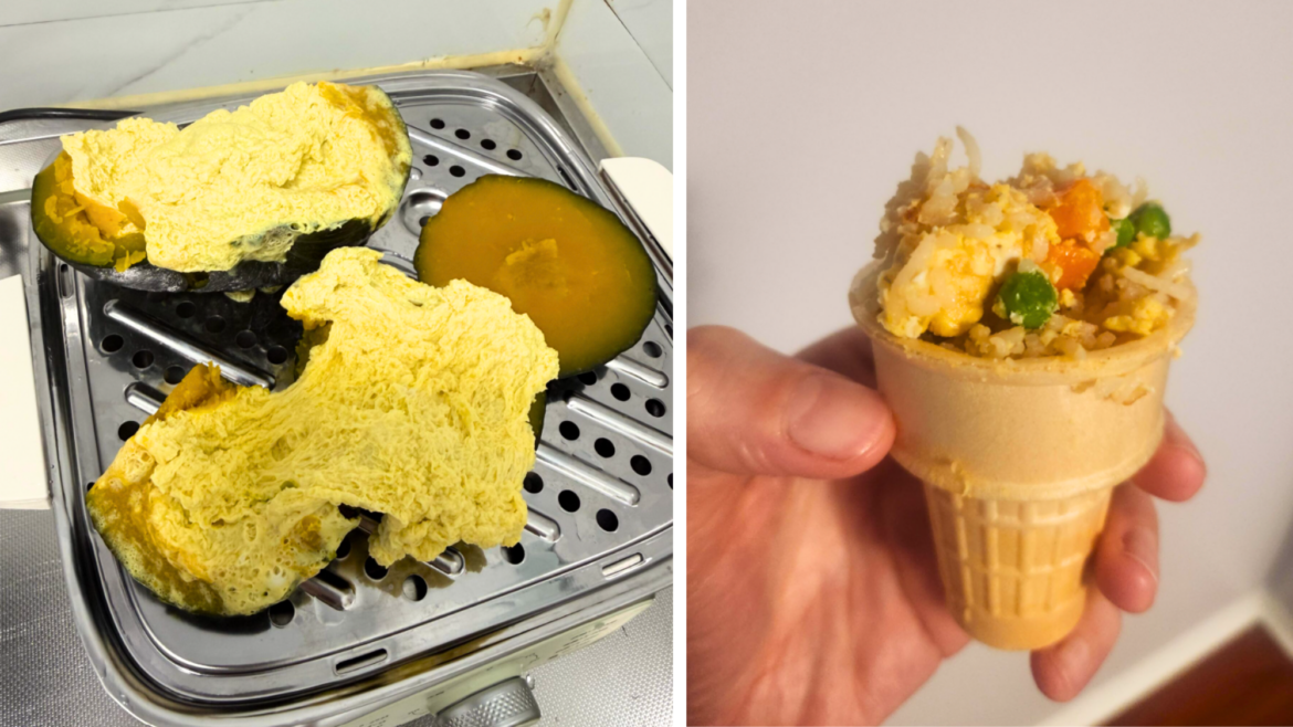 Funny Cooking Fails That Left Reddit users Speechless On the left, two steamed pumpkin slices topped with egg showcase a unique culinary creation. On the right, a hand holds a small ice cream cone filled with fried rice, peas, carrots, and corn—an unexpected combination that wouldn’t look out of place in a collection of funny cooking fails.