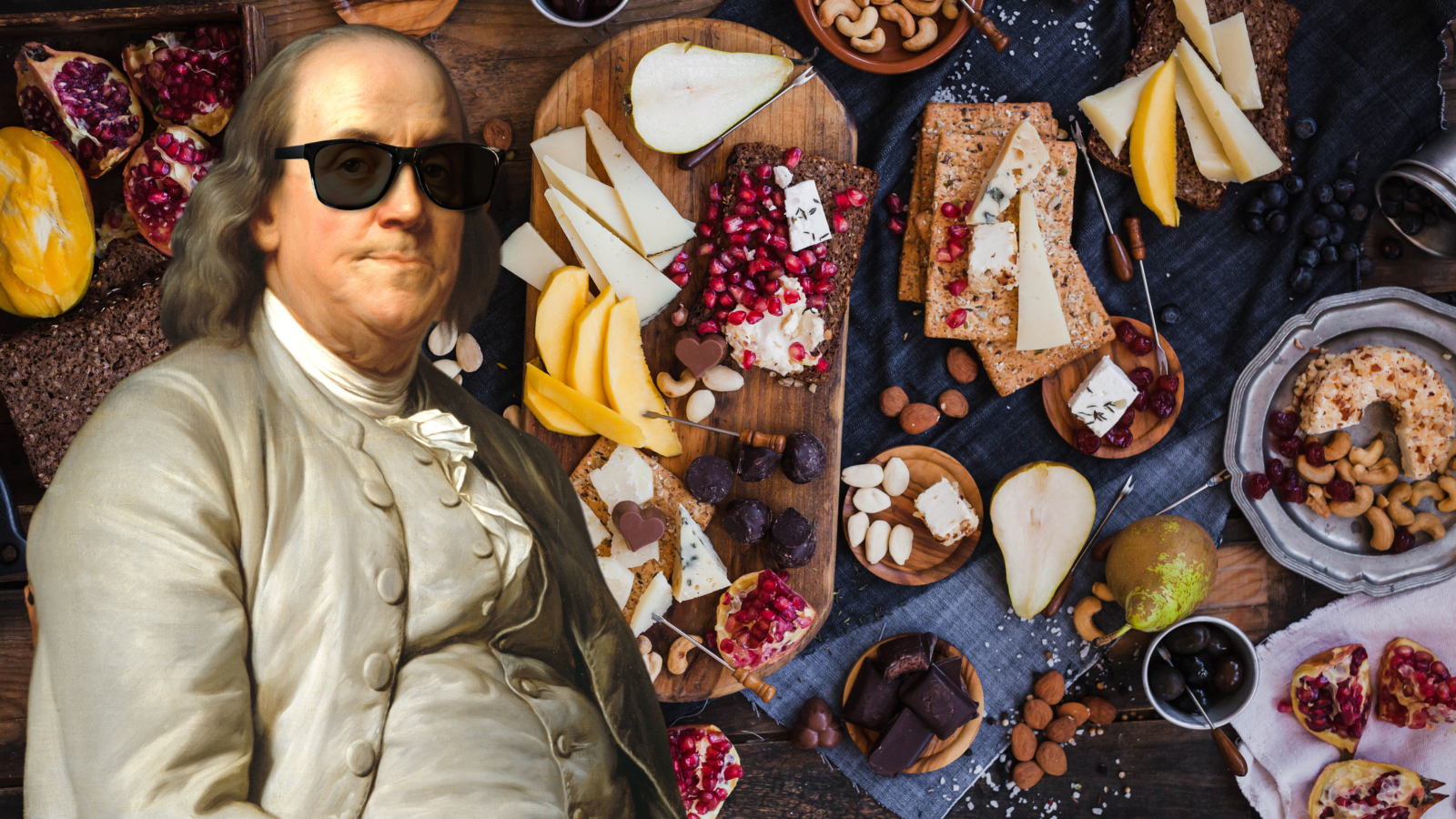 United States Founding Father Benjamin Franklin next to a platter of French food resembling his daily diet