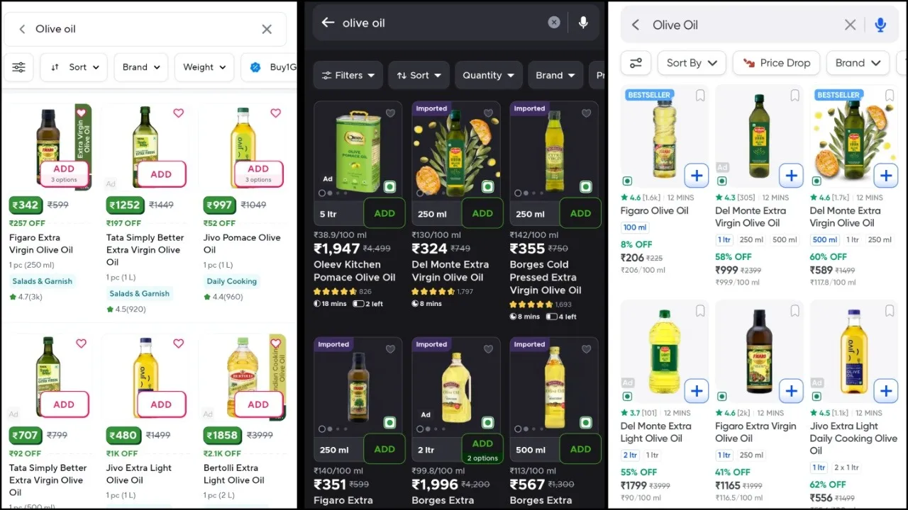 Competing olive oil brands available on quick commerce
