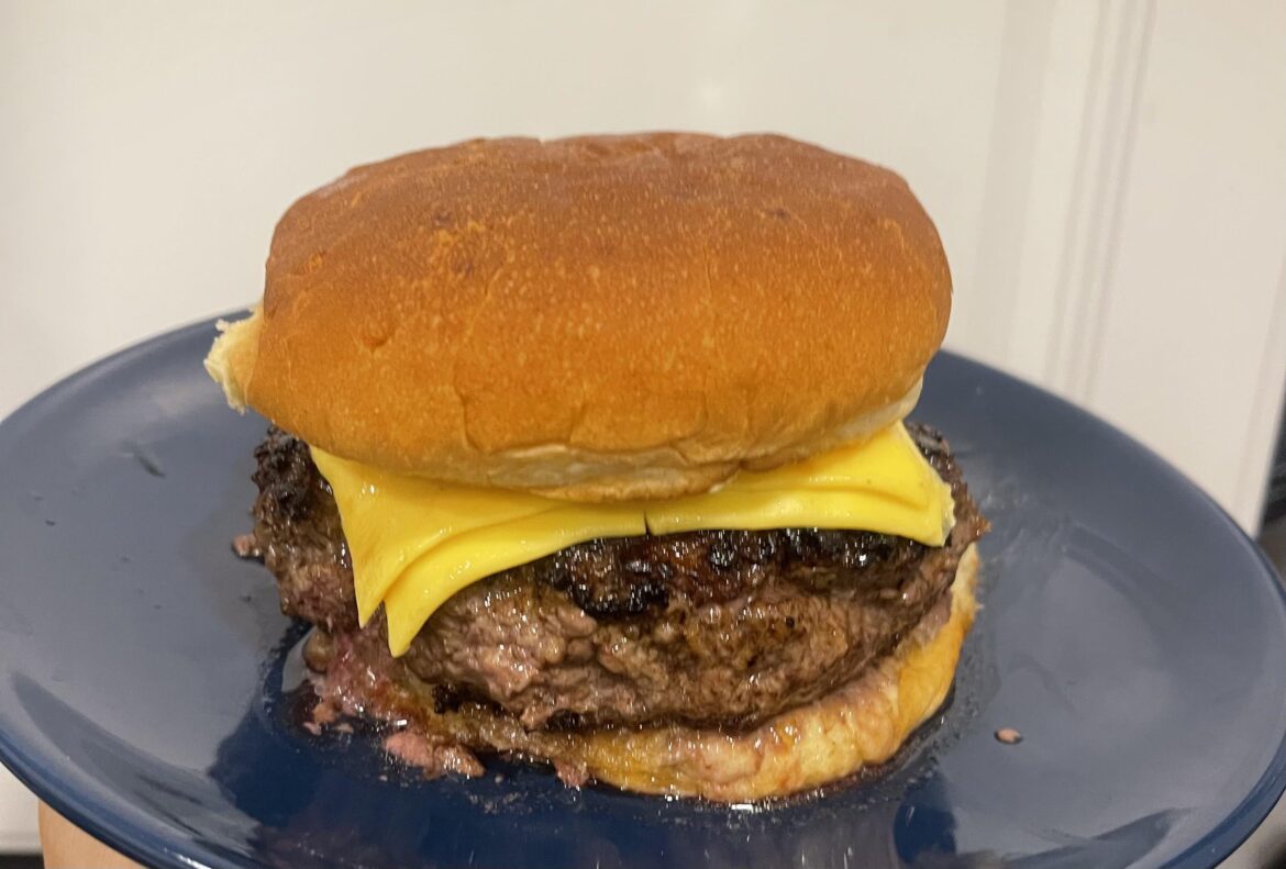 Just a simple homemade cheeseburger, nothing fancy just a little medium rare with light seasoning. Got a good deal on ground beef, one pound for 5 dollars. One burger today and one tomorrow.