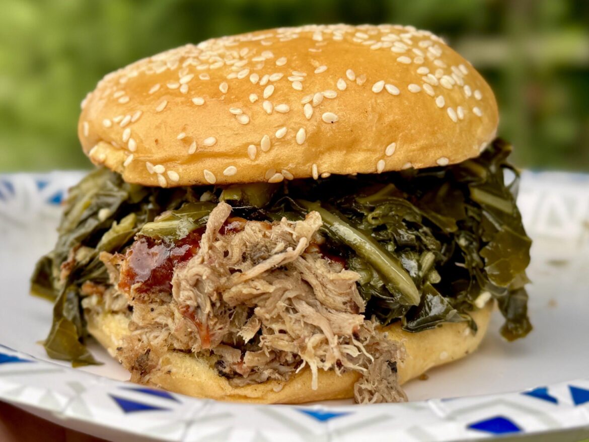 Pulled Pork BBQ Sandwich with Homemade Collard Greens