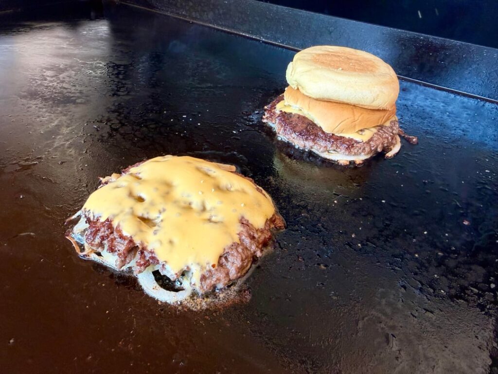 Home made Oklahoma double onion burger