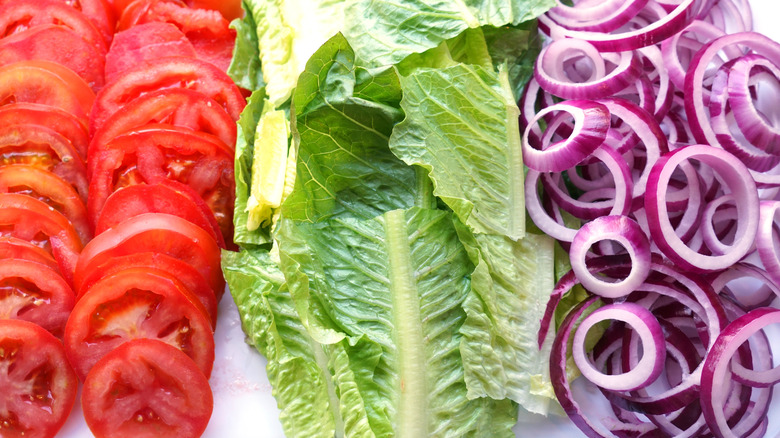 Slices of tomato, lettuce, and onions
