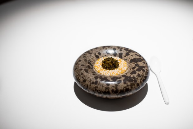 Eggs and Rice, William Bradley's signature dish on the tasting menu at Michelin three-sta Addison by William Bradley restaurant in San Diego's Carmel Valley. (Bonjwing Lee)