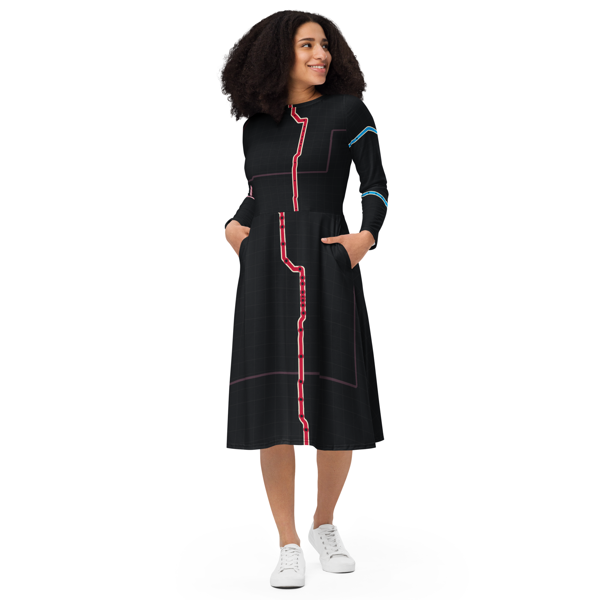 Chicago Transit Red Axis long-sleeve midi dress with Red, Blue, and Pink routes, primary view