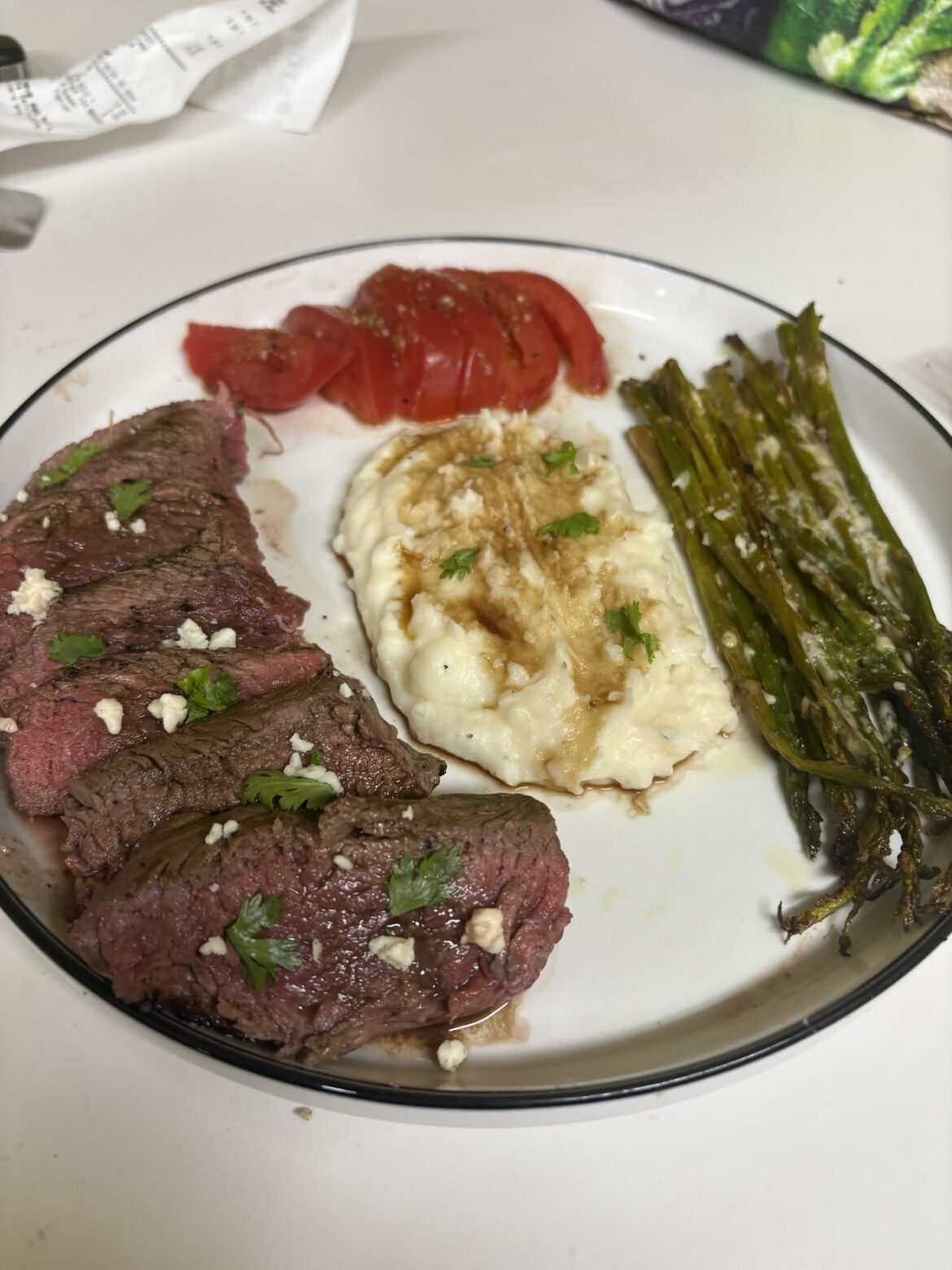 Steak, tomatoes, asparagus, and potatoes!