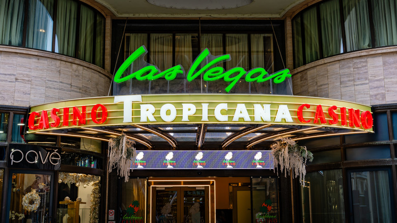 An exterior sign on the Tropicana Las Vegas casino at dusk; 