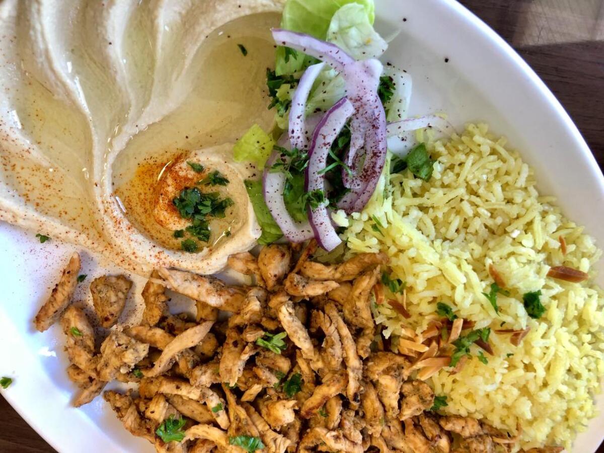 Chicken shawarma with hummus at Aladdin Cafe near Crowley.