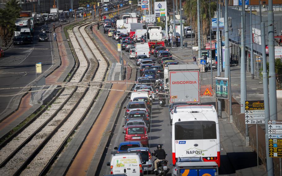 A traffic jam is seen on an Italian street.